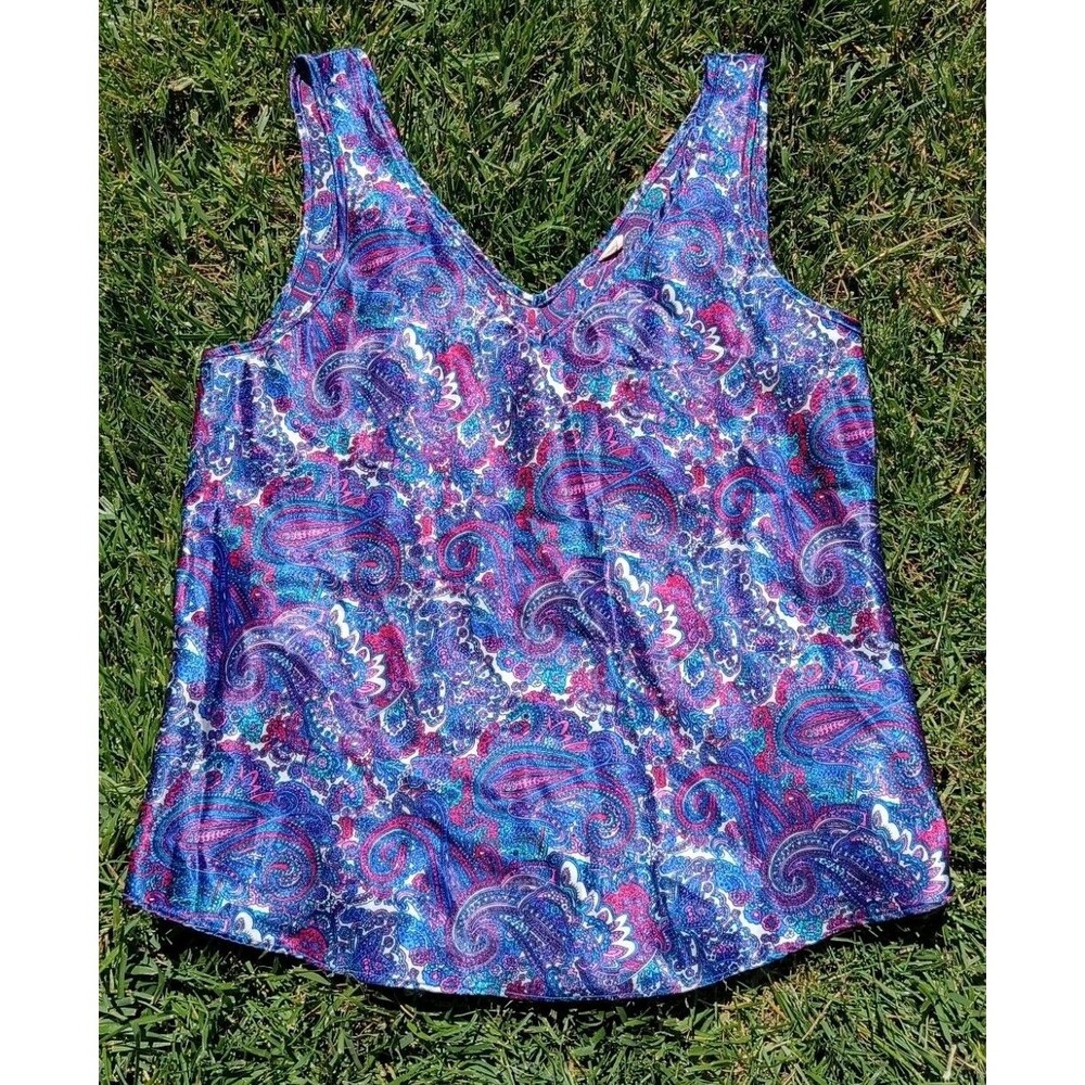 Vintage Purple Paisley Satin V-Neck Tank Top Maximalist Boho Festival Y2K